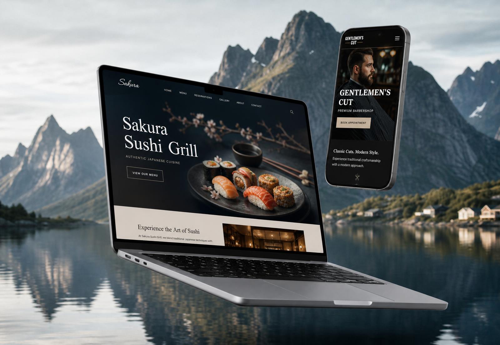Website-Beispiele von flocalweb: Sushi-Grill-Restaurant am Laptop und Barbershop am Smartphone